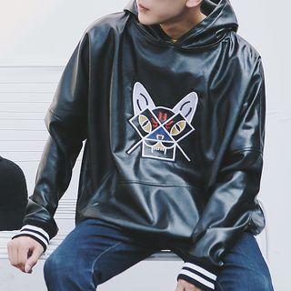 Embroidered Faux Leather Hoodie