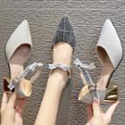 Plaid Pointed-toe Lettering Ankle Strap Kitten Heel Pumps