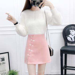 Set: Plain Knit Top + Button-front Skirt