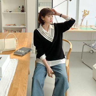 Plus Size Inset Shirt V-neck Knit Top