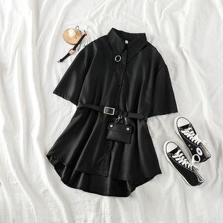 Belted Short-sleeve Mini Shirtdress With Pouch