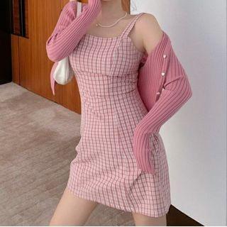 Plain Knit Jacket / Plaid Spaghetti-strap Dress