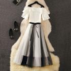 Set: Short-sleeve Cold Shoulder Top + Mesh Midi Skirt