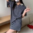 Short-sleeve Collar Striped T-shirt Dress