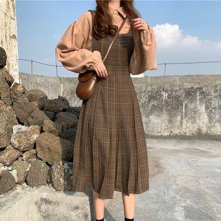 Plain Blouse / Plaid Pleated Midi Pinafore Dress