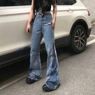Distressed Zip-up Boot-cut Jeans