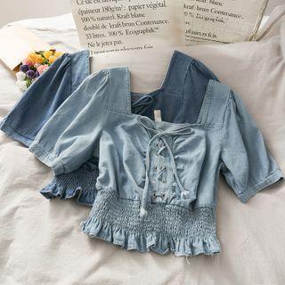 Smocked-waist Lace-up Crop Top