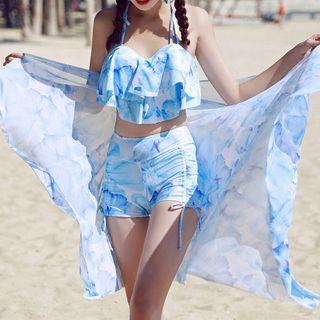 Set : Floral Print Frilled 2-piece Swimdress + Cover-up