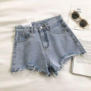 Frayed Distressed High-waist Denim Shorts