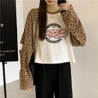 Long-sleeve Leopard Print Panel Lettering T-shirt