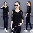 3/4 -sleeve Lace Paneled T-shirt