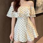 Dotted Off-shoulder Elbow-sleeve Mini A-line Dress