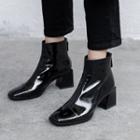 Square-toe Block Heel Patent Short Boots