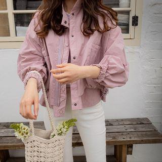 Drawstring-hem Embroidered Back Jacket Pink - One Size