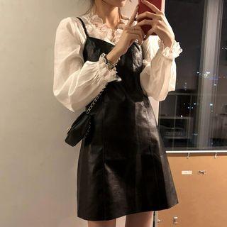 Long-sleeve T-shirt / Blouse / Spaghetti Strap Faux Leather Mini Dress / Set