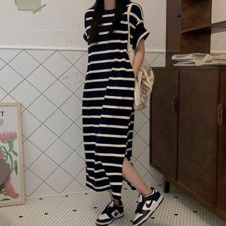 Striped Slit Midi Shift Dress Black & White - One Size