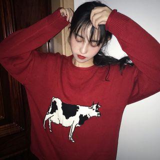 Cow Print Sweater Red - One Size