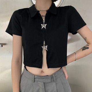 Short-sleeve Collar Butterfly Zip-up Crop Top