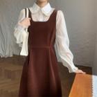 Ruffled Shirt / Velvet Midi A-line Overall Dress