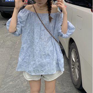 Puff-sleeve Off Shoulder Blouse Light Blue - One Size