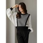 Dolman-sleeve Checked Knit-panel Top Black - One Size
