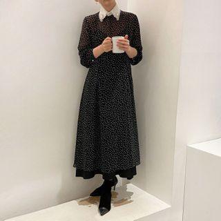 Set: Long-sleeve Collared Dotted Chiffon Midi A-line Dress + Slipdress With Slipdress - Dress - Black - One Size