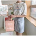 Short-sleeve Lettering T-shirt / Mini A-line Plaid Skirt
