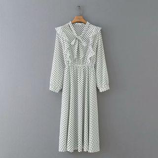 Puff-sleeve Tie-neck Dotted Midi A-line Dress