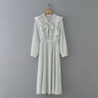 Puff-sleeve Tie-neck Dotted Midi A-line Dress