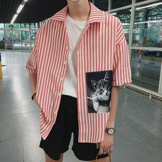 Cat Print Pinstripe Elbow-sleeve Shirt