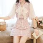 Set: Balloon-sleeve Plaid Blouse + Rhinestone A-line Skirt