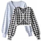 Long-sleeve Checked Buttoned Knit Crop Top