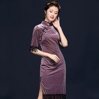 Short-sleeve Corduroy Dotted Tasseled Qipao