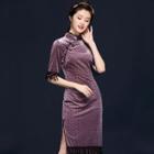 Short-sleeve Corduroy Dotted Tasseled Qipao