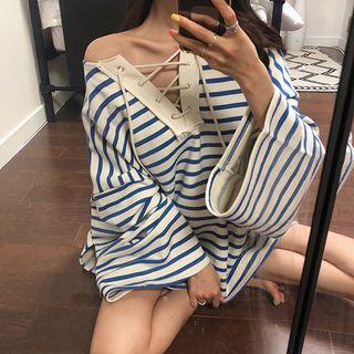 Long-sleeve Striped Lace-up T-shirt