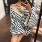 Long-sleeve Striped Lace-up T-shirt