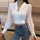 Plain V-neck Slim-fit Mesh Panel Puff-sleeve Blouse