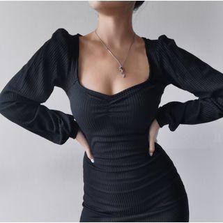 Plain Square-neck Long-sleeve Slim-fit Dress Black - One Size