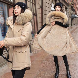 Faux Fir Trim Hooded Zip Jacket