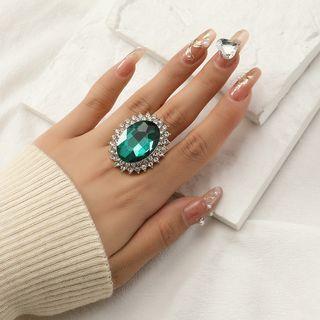 Rhinestone Alloy Open Ring Silver Trim - Green - One Size