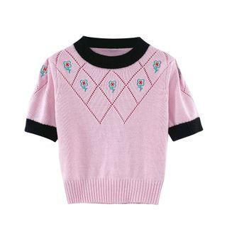 Short-sleeve Floral Cropped Sweater