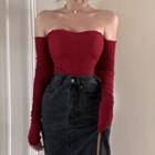 Long-sleeve Off-shoulder Crop Top Wine Red - One Size