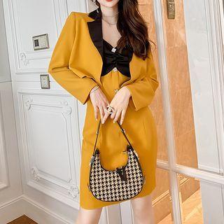 Set: Spaghetti Strap Two-tone Midi Sheath Dress + Cropped Blazer