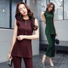 Set: Sleeveless Slit-hem Tie-neck Top + Paneled Pants