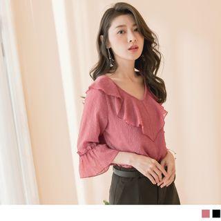3/4 Bell Sleeve Ruffled Top