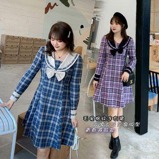 Long-sleeve Plaid Sailor-collar Mini Dress