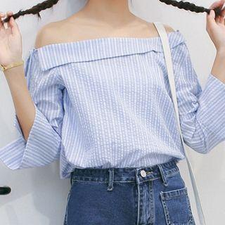 Asymmetric Strip Boatneck Long-sleeve Blouse