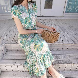 Cap-sleeve Drawstring-waist Pattern Dress Beige - One Size