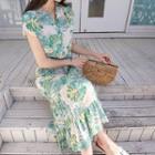 Cap-sleeve Drawstring-waist Pattern Dress Beige - One Size