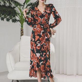 Flower Print Long-sleeve Sheath Midi Dress